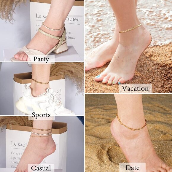 Solid 18K Over Gold Anklet for Women,Gold Anklets for Women Layered/Tennis/Paper - Picture 4 of 5